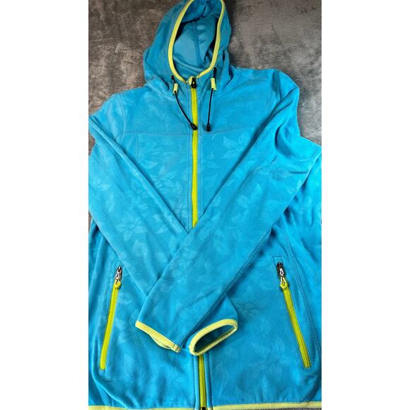 Killtec Technical Teal Hoodie Full Zip Jacket Floral Pattern Neon Yellow Trim - Picture 2 of 9